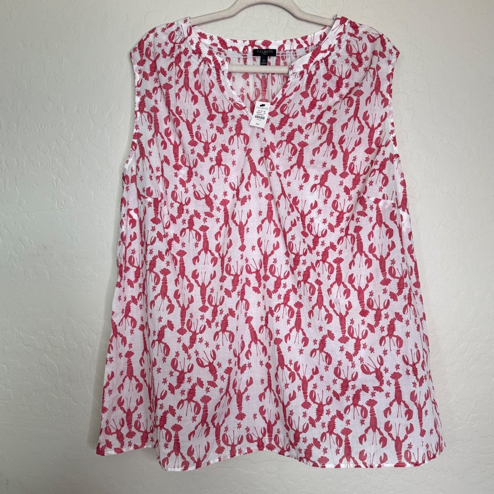 Talbots Women 100% Cotton Blouse 3X White Red NEW Lobster Print Sleeveless Tank